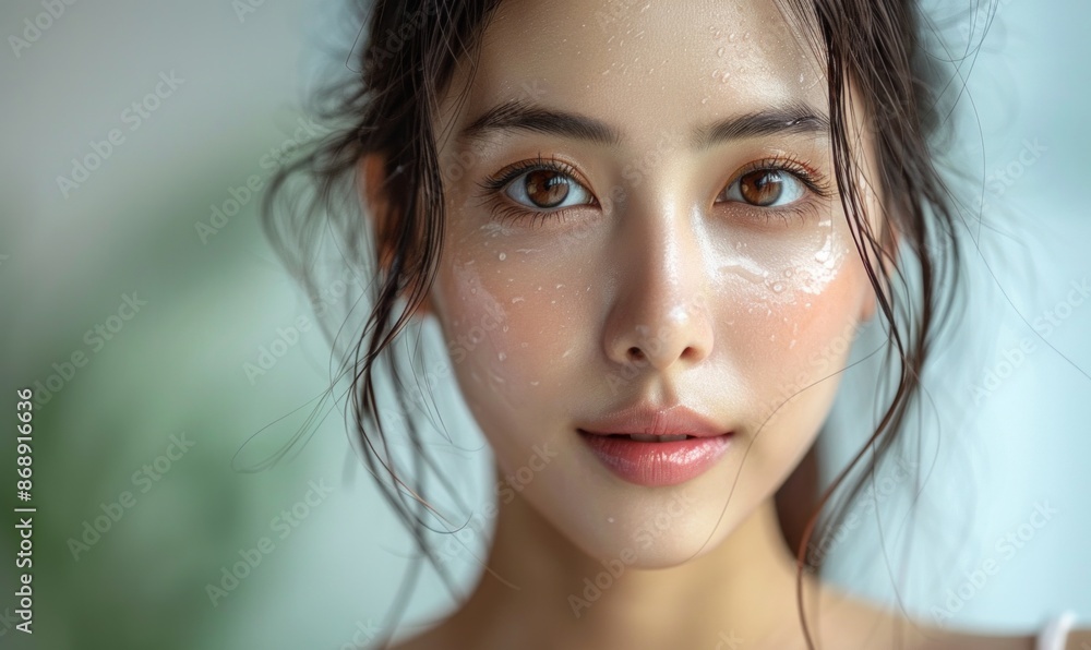 close-up portrait of a young woman showcases her flawless, glowing skin with water droplets, exuding freshness and natural beauty. Ideal for skincare, beauty products, and health-related themes. close-up portrait of a young woman showcases her flawless, glowing skin with water droplets, exuding freshness and natural beauty. Ideal for skincare, beauty products, and health-related themes.