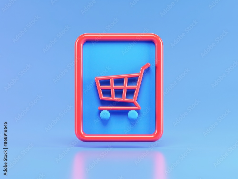 3D rendering of a red shopping cart icon on a blue background. 3D rendering of a red shopping cart icon on a blue background.