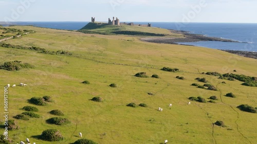 Aerial footage of Dunstanburugh castle ruins on a summer morning with no people photo