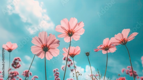 Spring flowers, blue sky background, beautiful pastel pink bouquet, summer wallpaper