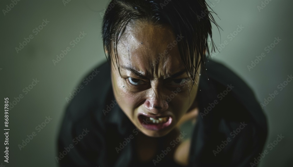 Close-up portrait of an angry young woman. AI. Close-up portrait of an angry young woman. AI.