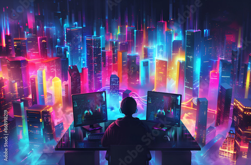 A man working at a desk with dual monitors, overlooking a cityscape.