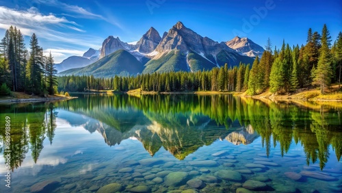 Clear mountain lake reflecting surrounding peaks and trees, nature, landscape, scenic, tranquil, wilderness