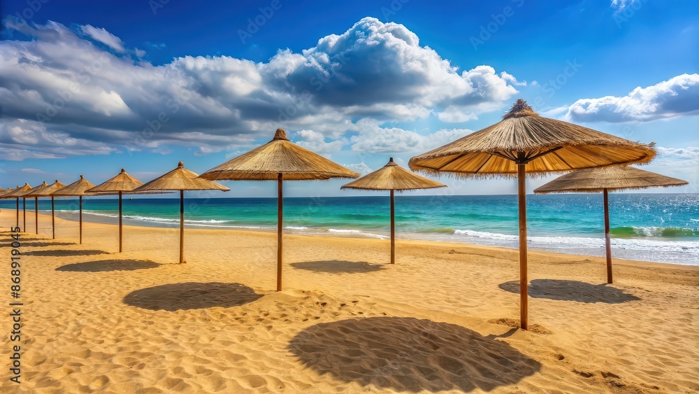 Fototapeta premium Umbrellas providing shade on a sandy beach by the sea, beach, umbrellas, sea, sand, vacation, relaxation, sun protection