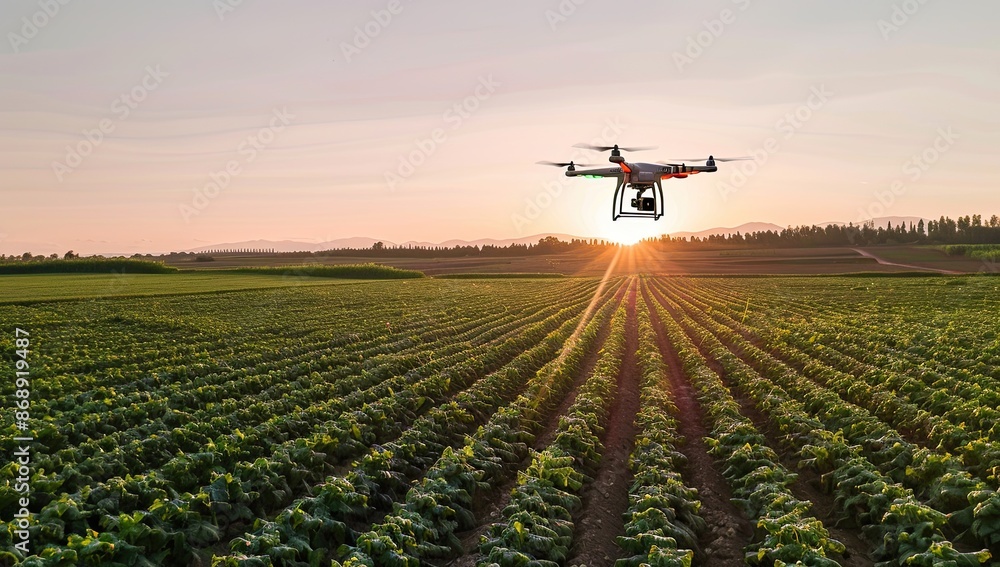 An agricultural drone flies around the fields in the early morning at dawn. An agricultural drone flies around the fields in the early morning at dawn.