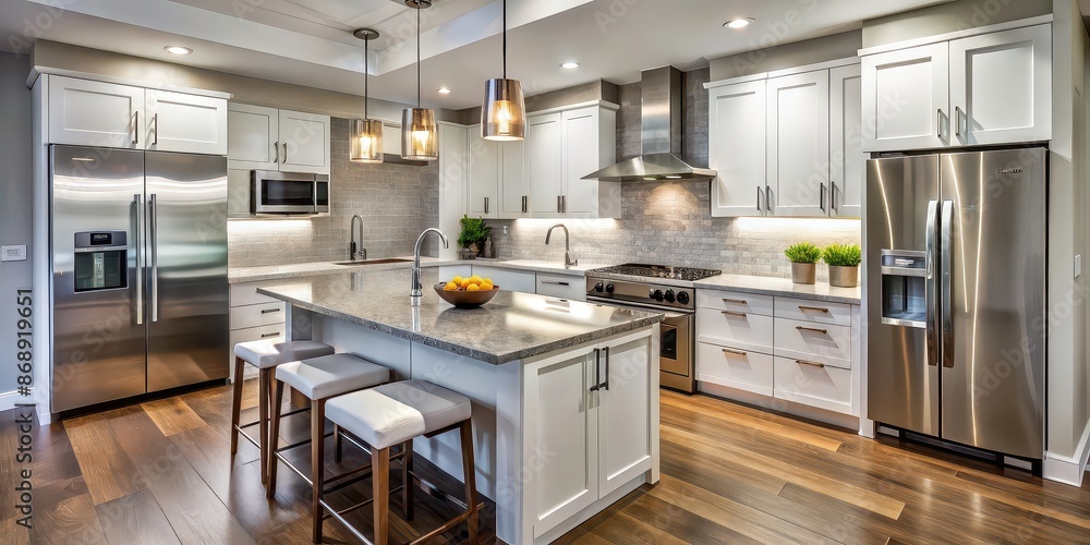 Fototapeta premium Modern kitchen interior with sleek stainless steel appliances, white cabinetry, and granite countertops , modern