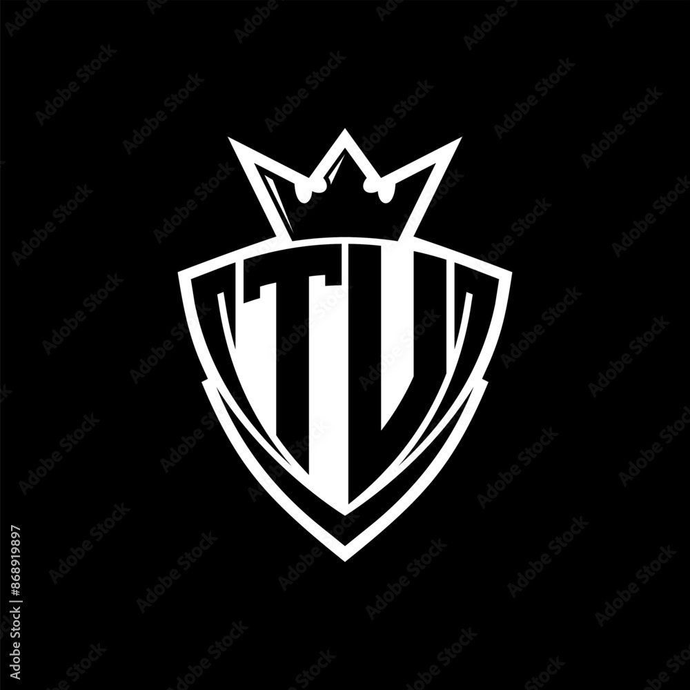 TU Letter logo with sharp triangle shield shape with crown inside white outline on black background template design TU Letter logo with sharp triangle shield shape with crown inside white outline on black background template design