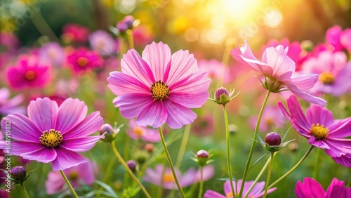 Close up of vibrant pink cosmos flowers in a sunny summer garden, cosmos, flowers, colorful, bright, spring, summer, natural © Sujid