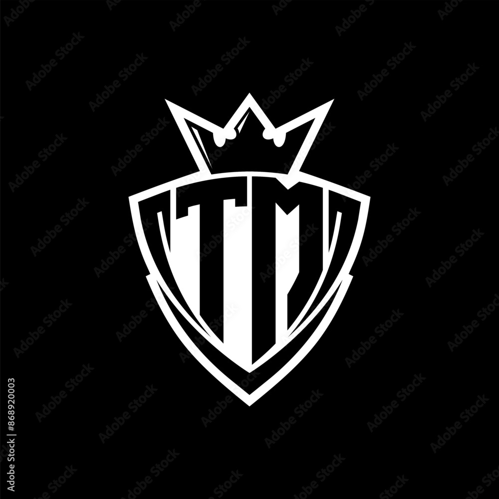 TM Letter logo with sharp triangle shield shape with crown inside white outline on black background template design TM Letter logo with sharp triangle shield shape with crown inside white outline on black background template design