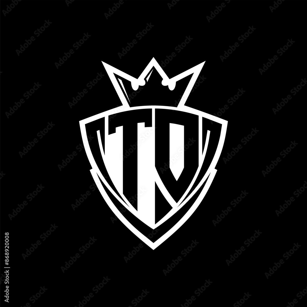 TO Letter logo with sharp triangle shield shape with crown inside white outline on black background template design TO Letter logo with sharp triangle shield shape with crown inside white outline on black background template design