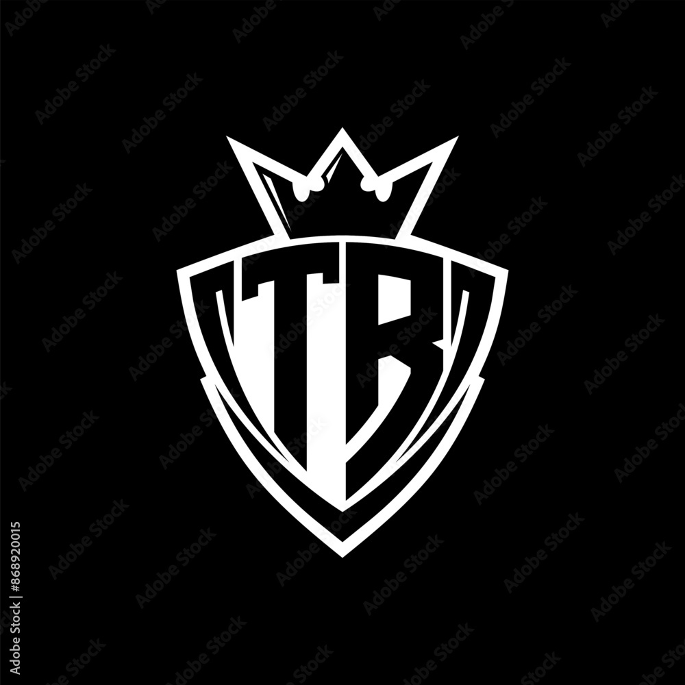 TR Letter logo with sharp triangle shield shape with crown inside white outline on black background template design TR Letter logo with sharp triangle shield shape with crown inside white outline on black background template design