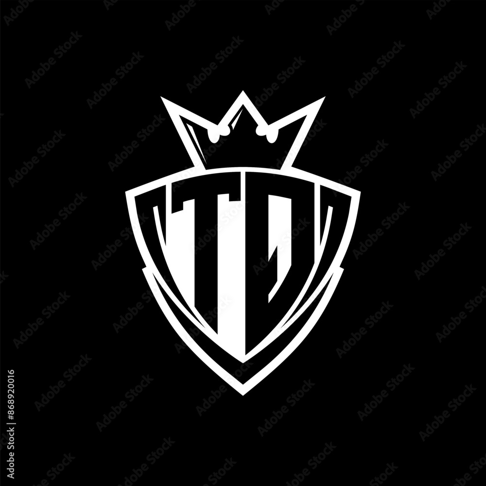 TQ Letter logo with sharp triangle shield shape with crown inside white outline on black background template design TQ Letter logo with sharp triangle shield shape with crown inside white outline on black background template design