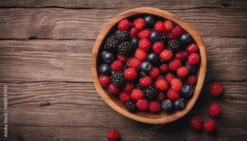 Top view of berrys on a wooden bowl on a wooden background with copy space