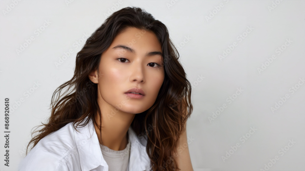 A studio portrait of a beautiful Asian model assuming a relaxed pose and isolated in front of a neutral background. Flawless complexion. Skin care and cosmetics. Copy space. A studio portrait of a beautiful Asian model assuming a relaxed pose and isolated in front of a neutral background. Flawless complexion. Skin care and cosmetics. Copy space.