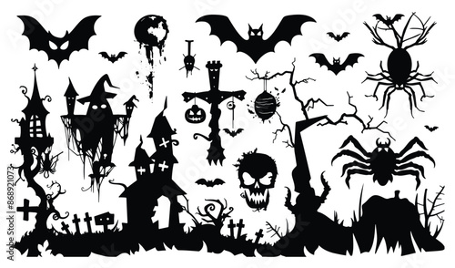 Set of 15 Isolated Halloween graphic decorations in silhouette illustration style of Jack o'lantern, bat, haunted house and tree and graveyard on transparent background. Volume 8.
