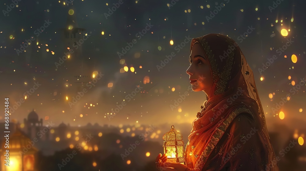 beautiful woman in hijab against the background of twinkling lights beautiful woman in hijab against the background of twinkling lights