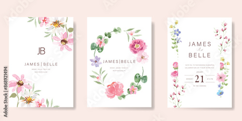 Elegant wedding invitation card background vector. Minimal hand painted watercolor botanical flowers texture template background. Design illustration for wedding, vip cover, poster, rsvp modern card.