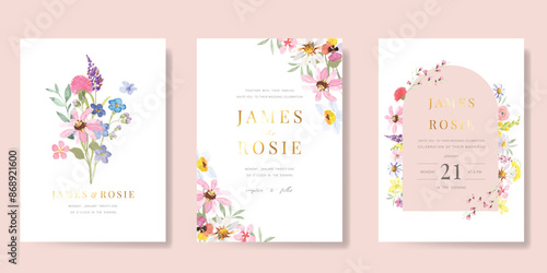 Elegant wedding invitation card background vector. Minimal hand painted watercolor botanical flowers texture template background. Design illustration for wedding, vip cover, poster, rsvp modern card.