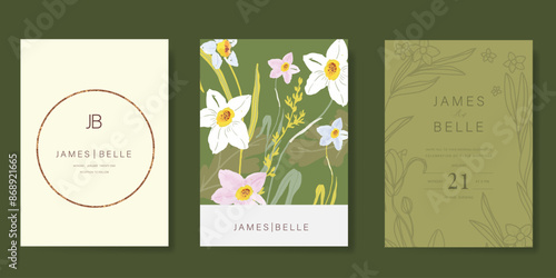 Elegant wedding invitation card background vector. Minimal hand painted watercolor botanical flowers texture template background. Design illustration for wedding, vip cover, poster, rsvp modern card.