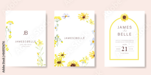 Elegant wedding invitation card background vector. Minimal hand painted watercolor botanical flowers texture template background. Design illustration for wedding, vip cover, poster, rsvp modern card.