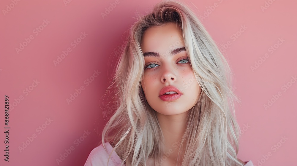 Fototapeta premium Beautiful young blonde woman posing isolated over pink wall background. 