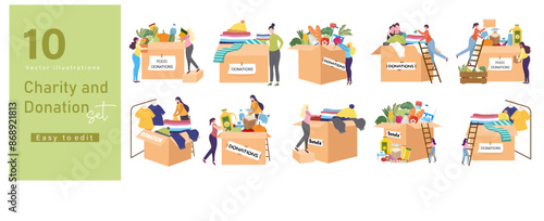 Diverse Group of People Volunteering and Donating Items for Charity in Various Situations. vector illustration
