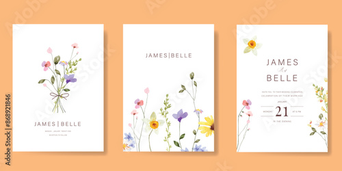 Elegant wedding invitation card background vector. Minimal hand painted watercolor botanical flowers texture template background. Design illustration for wedding, vip cover, poster, rsvp modern card.