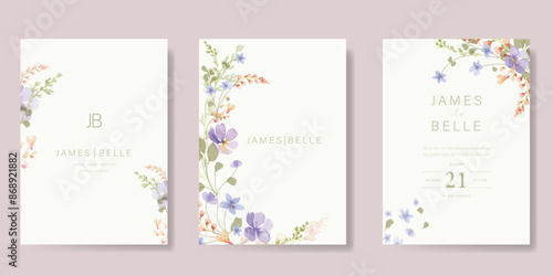 Elegant wedding invitation card background vector. Minimal hand painted watercolor botanical flowers texture template background. Design illustration for wedding, vip cover, poster, rsvp modern card.