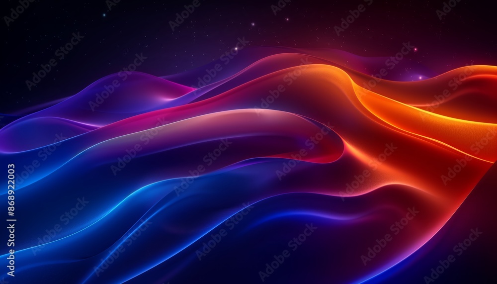 Abstract glowing waves in shades of orange, blue, and purple against a dark, starry background. Abstract glowing waves in shades of orange, blue, and purple against a dark, starry background.