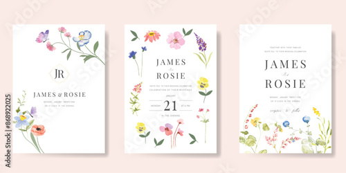Elegant wedding invitation card background vector. Minimal hand painted watercolor botanical flowers texture template background. Design illustration for wedding, vip cover, poster, rsvp modern card.