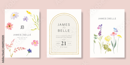 Elegant wedding invitation card background vector. Minimal hand painted watercolor botanical flowers texture template background. Design illustration for wedding, vip cover, poster, rsvp modern card.
