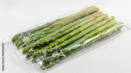 Fresh asparagus vacuum sealed rady for sous vide cooking, isolated on white background, top view. photo