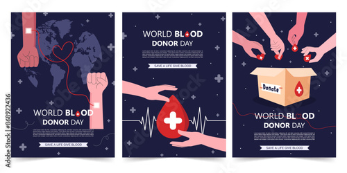 Set of Donation and Charity Posters Promoting Blood Donation and Humanitarian Aid with Modern Design Elements. vector illustration.