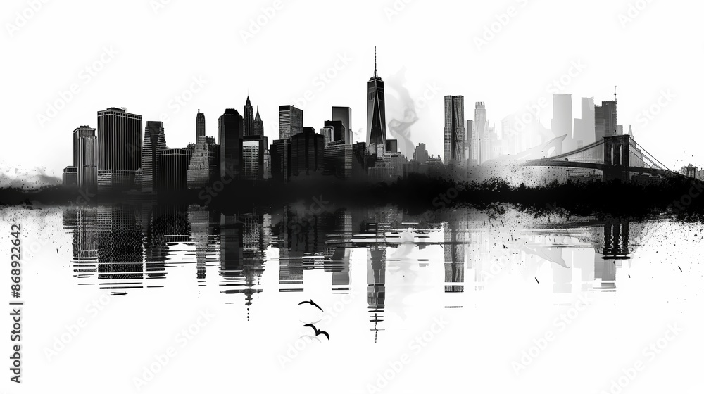 Fototapeta premium Silhouette of a Modern City with a Famous Bridge Connecting the River
