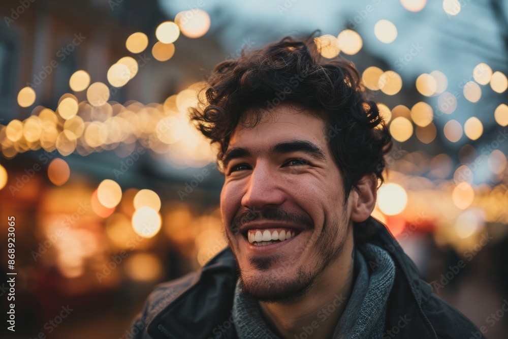 Portrait of a handsome young man with curly hair on the background of Christmas lights. Portrait of a handsome young man with curly hair on the background of Christmas lights.