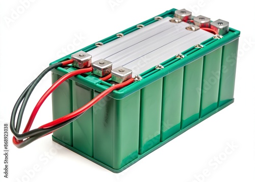 A pack of Lithium Phosphate Lifepo 4 cells battery with a terminal up and bus bar ready to connect isolate on white background with clipping path. photo