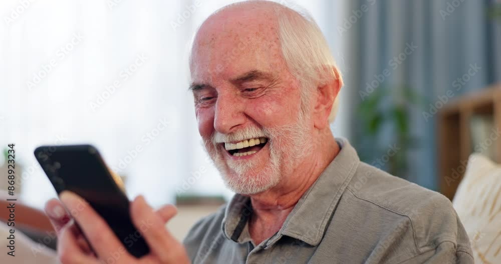 Home, smartphone and senior man with smile, online reading and email notifications for good news. Old person, apartment and pensioner with cellphone, social media and texting for contact and message Home, smartphone and senior man with smile, online reading and email notifications for good news. Old person, apartment and pensioner with cellphone, social media and texting for contact and message