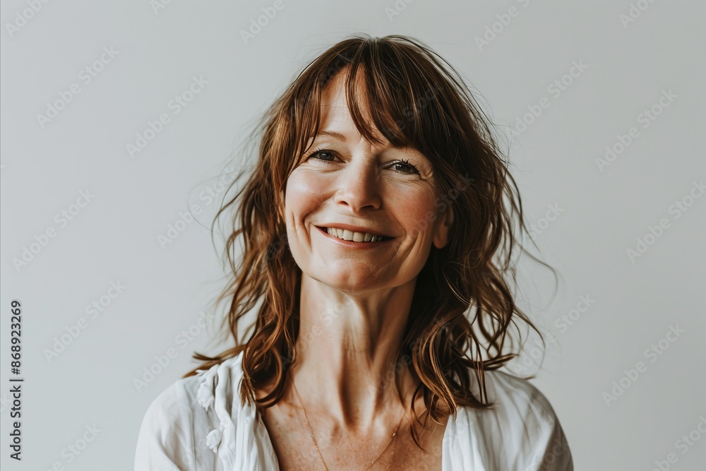 Fototapeta premium Portrait of a smiling middle-aged woman with long wavy hair.