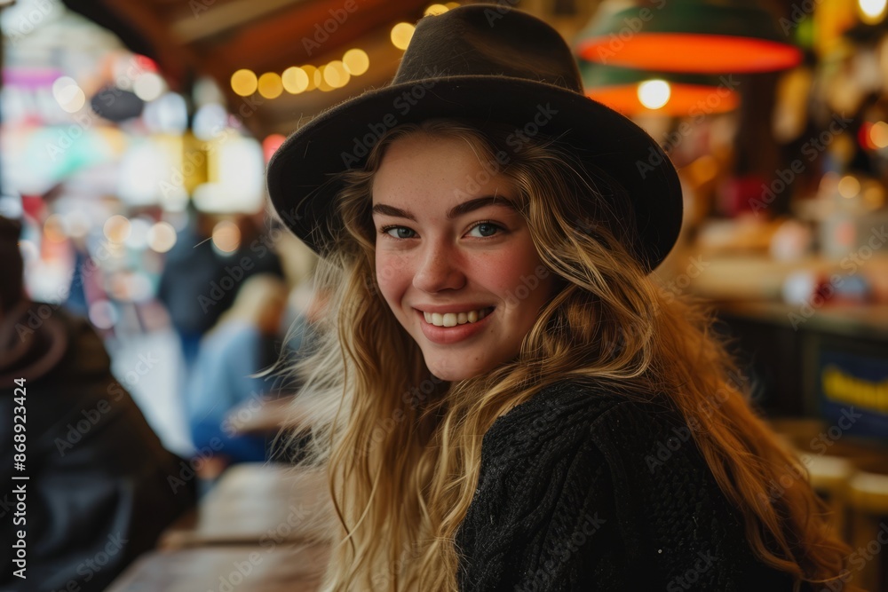 Portrait of a beautiful girl in a hat on the background of a cafe Portrait of a beautiful girl in a hat on the background of a cafe
