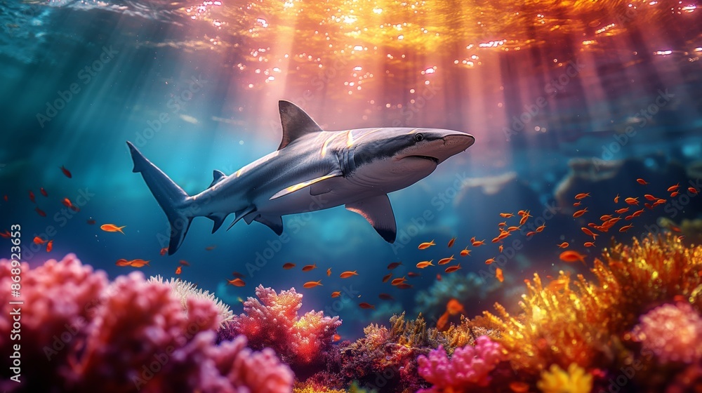 Majestic shark swimming through vibrant coral reef with colorful fish and sunbeams illuminating the underwater scene. Majestic shark swimming through vibrant coral reef with colorful fish and sunbeams illuminating the underwater scene.