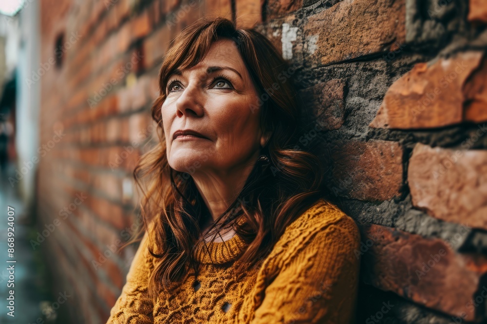 Portrait of a middle-aged woman in a yellow sweater against a brick wall. Portrait of a middle-aged woman in a yellow sweater against a brick wall.