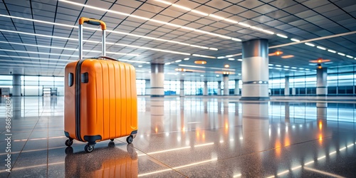 Vibrant orange suitcase rests on sleek tiled floor in modern airport terminal, surrounded by clean lines, gentle curves, and soft indirect lighting. photo