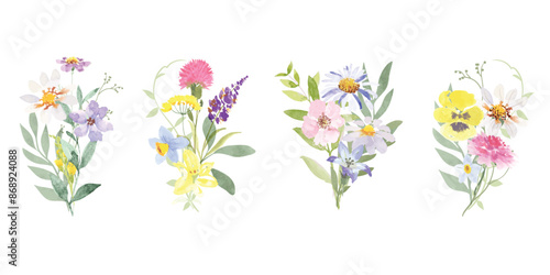 Set of bouquet vector. Watercolor floral arrangement with wildflower, rose, poppy, sunflower, eucalyptus, leaves branch in minimal style. Botanical illustration design for logo, wedding, decor, print.