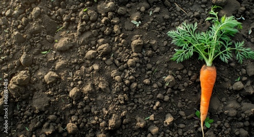 Freshly Harvested Orange Carrot With Green Tops in Garden Soil