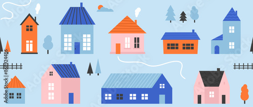 Small cute house seamless pattern. Cartoon village town repeated texture. Doodle cozy tiny little cottages background. Repeating suburban town houses and trees wallpaper. Vector illustration