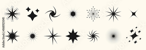 Blinking stars, sparks and sparkles set. Shining twinkle sunburst shapes collection. Magic light flare pack for design template, poster, banner, brochure, leaflet. Vector glitter illustrations
