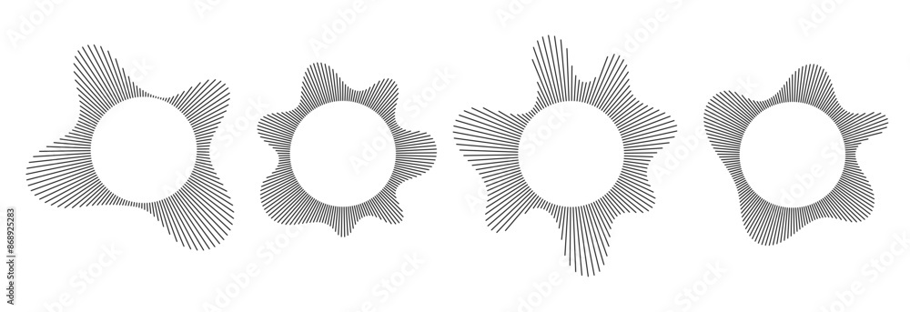 © vika_k - Black radial sound wave line pattern set. Circular audio, music or voice icon collection. Linear undulate wavy equalizer spectrum symbol pack. Circle sunburst bundle. Vector soundwave elements