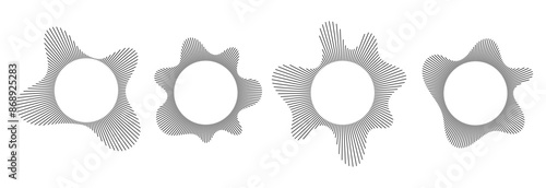 Black radial sound wave line pattern set. Circular audio, music or voice icon collection. Linear undulate wavy equalizer spectrum symbol pack. Circle sunburst bundle. Vector soundwave elements
