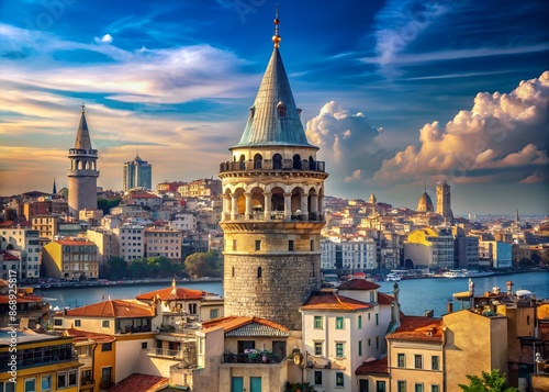 Majestic medieval stone Galata Tower rises above vibrant Istanbul rooftops, its conical top and narrow windows standing sentinel over Bosphorus Strait's sparkling waters. photo