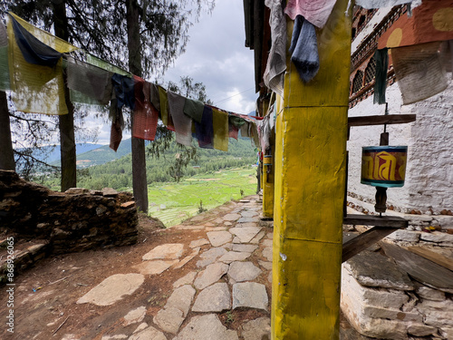 Temple with prayer flags and rice fields beyond photo